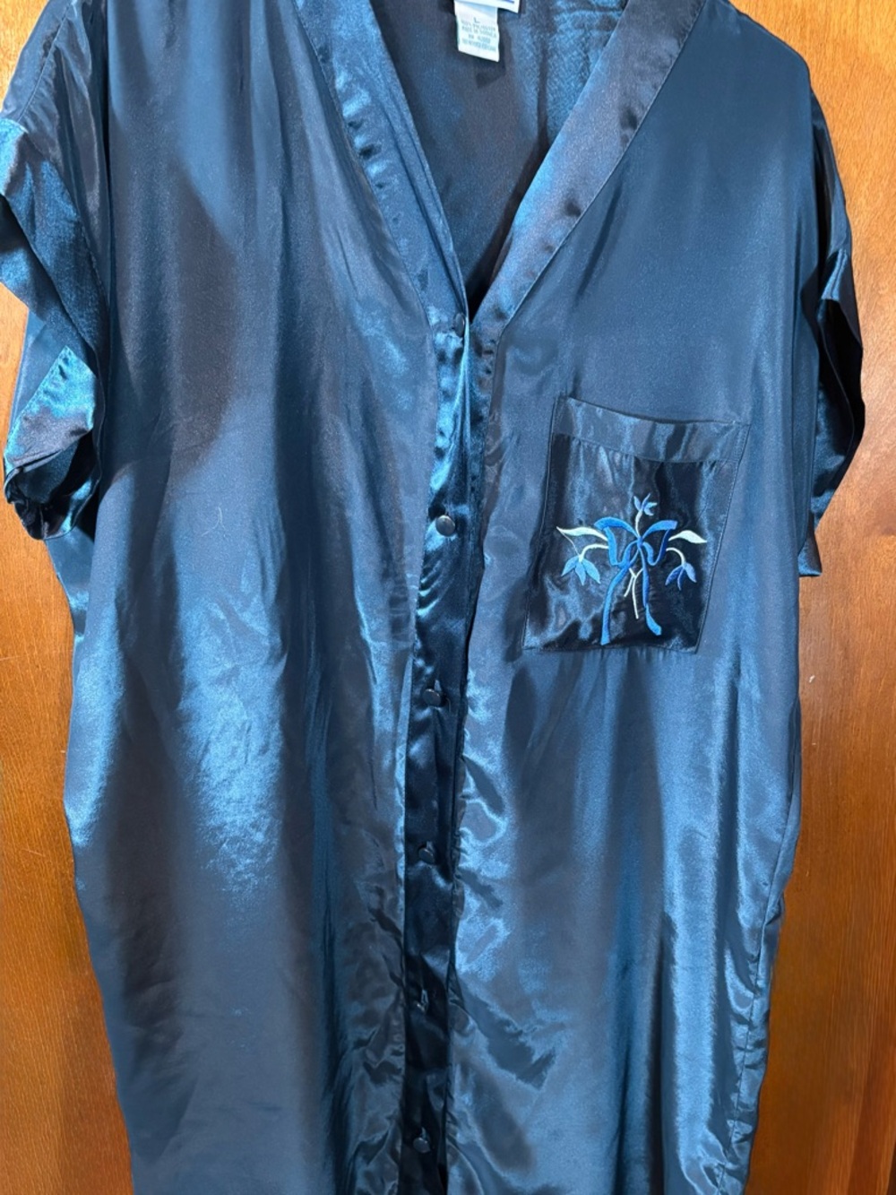 Silky Navy Embroidered Pocket Chemise - Vintage